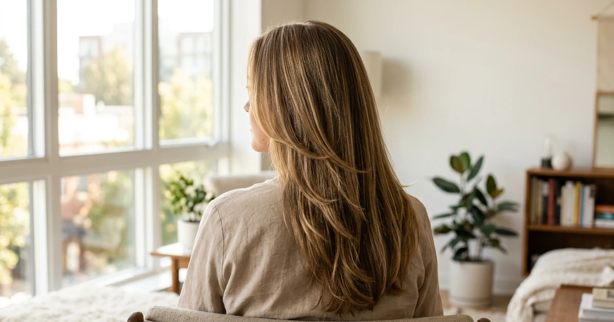 Layers hår: kvinne med brunt lagdelt hår sitter ved vinduet i lyst rom.
