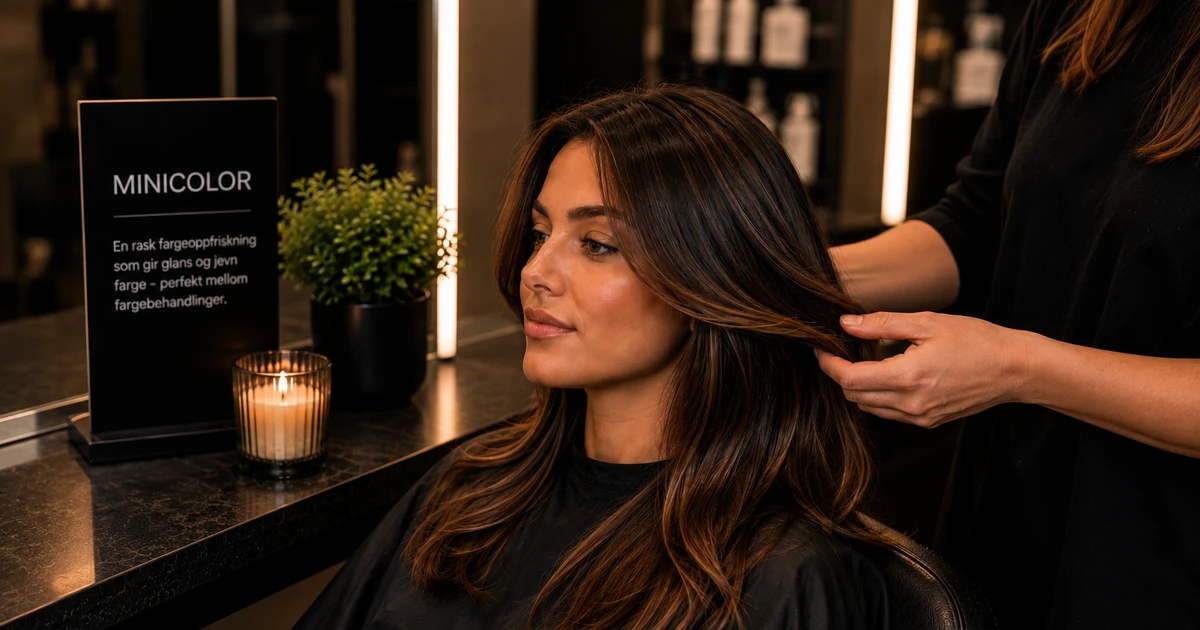 Minicolor hos frisør: kvinne får brunt hårfarge på salon med profesjonell frisør.