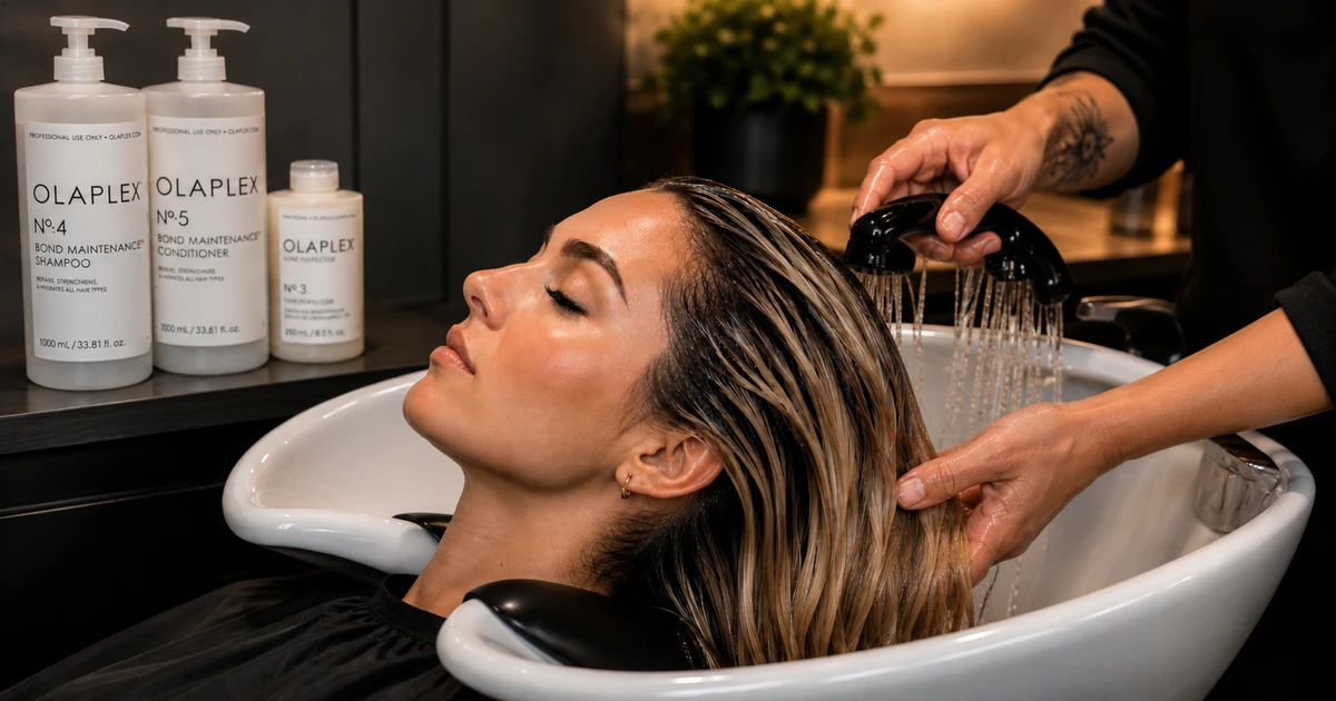 Olaplex-behandling hos frisør: en kvinne får hårspoling i servant med Olaplex-produkter i bakgrunnen.