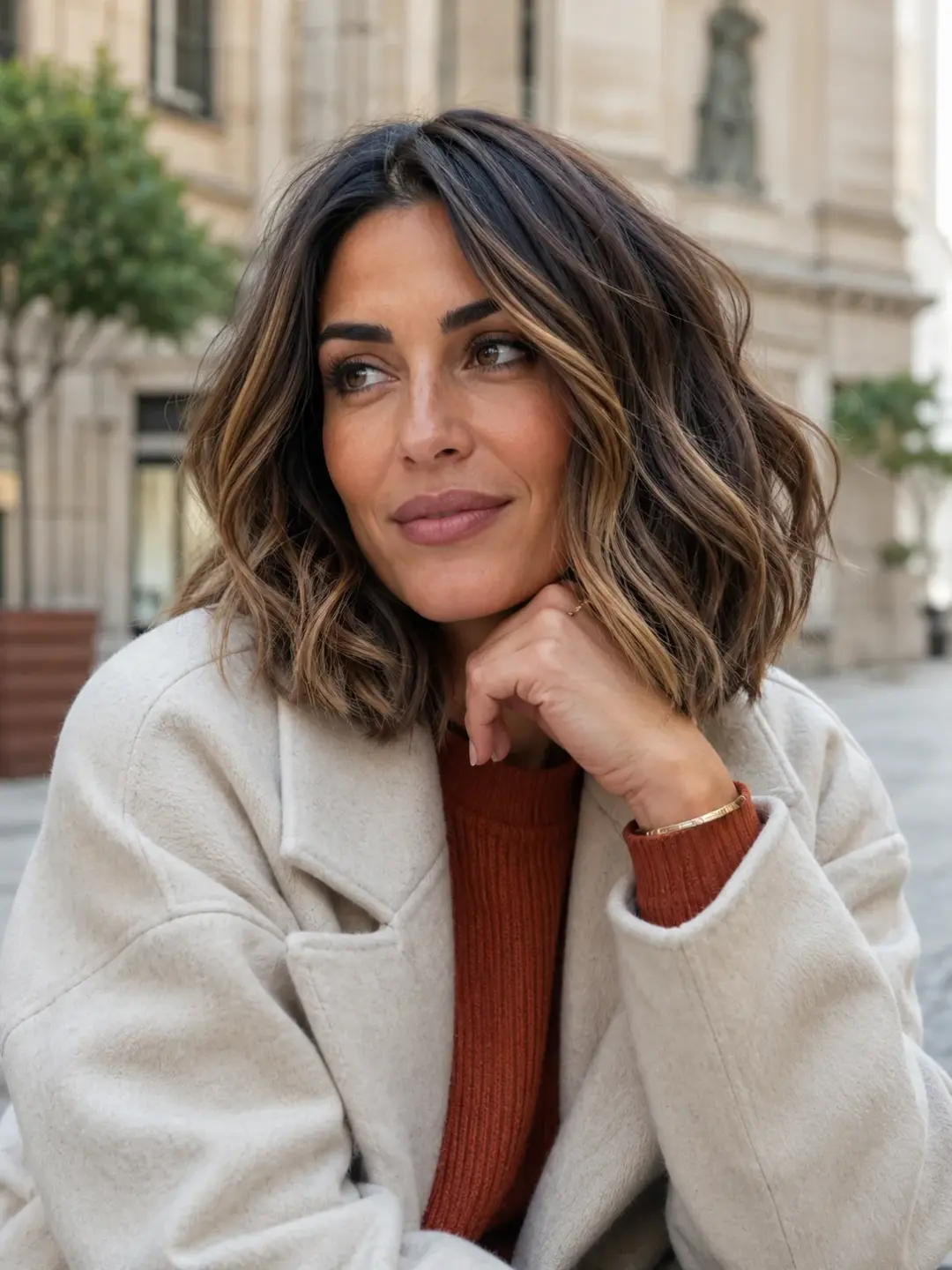 Kvinne med reverse balayage hår som viser mørkere skygger og myk dybde i naturlig belysning.