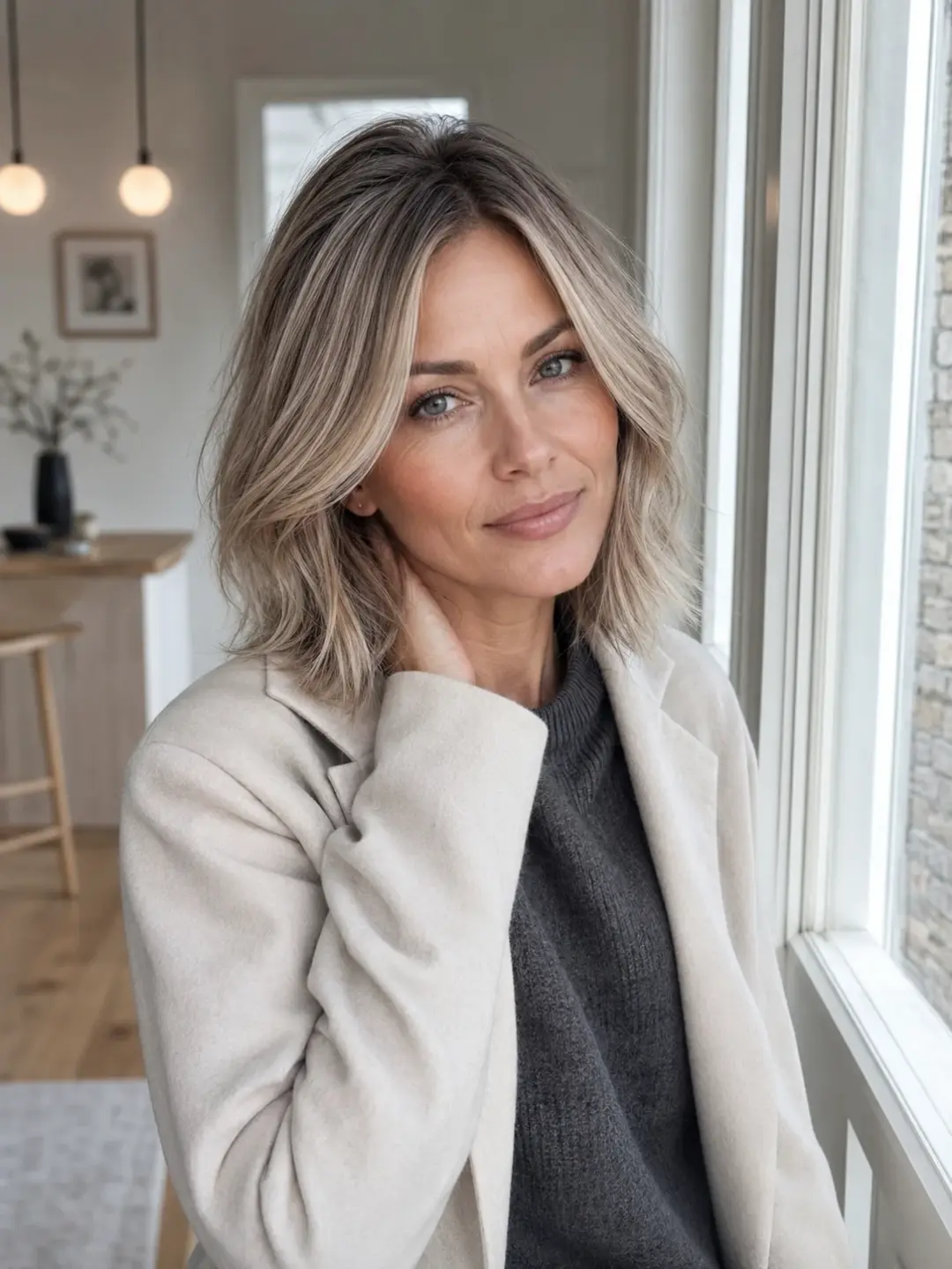 Blonde shadow roots frisyre med lite vedlikehold, naturlig balayage og bølgete hår ved vindu i moderne interiør.