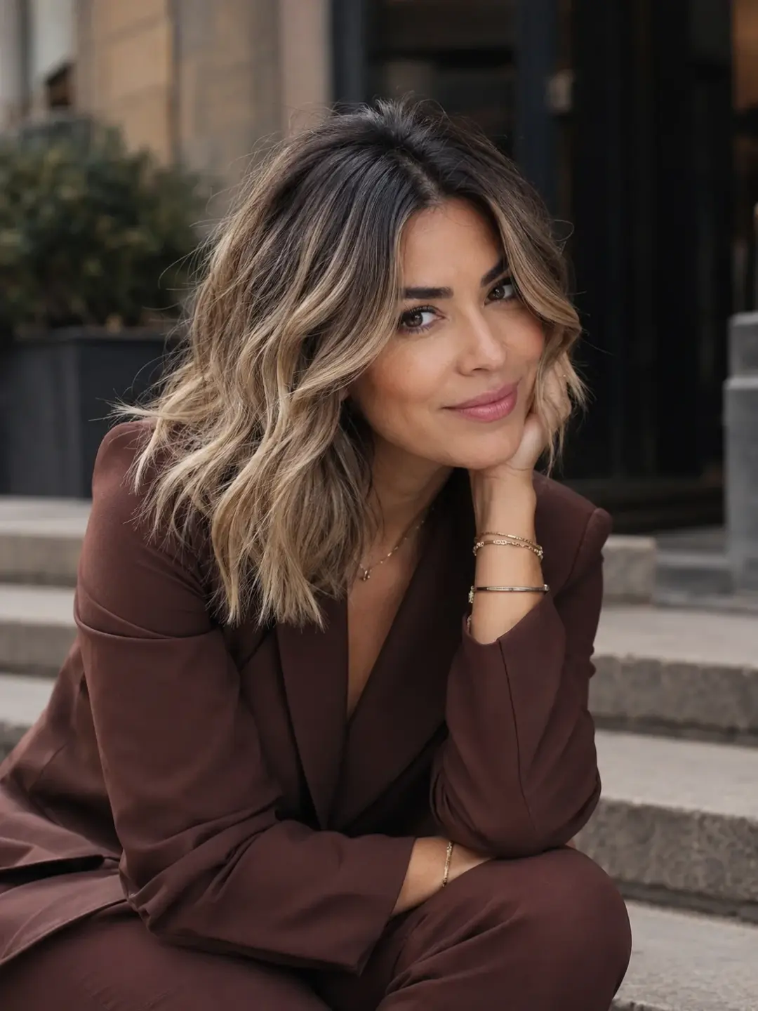 Kvinne med shadow roots blonde hår og burgundy dress demonstrerer pflegeleicht blond look 2026