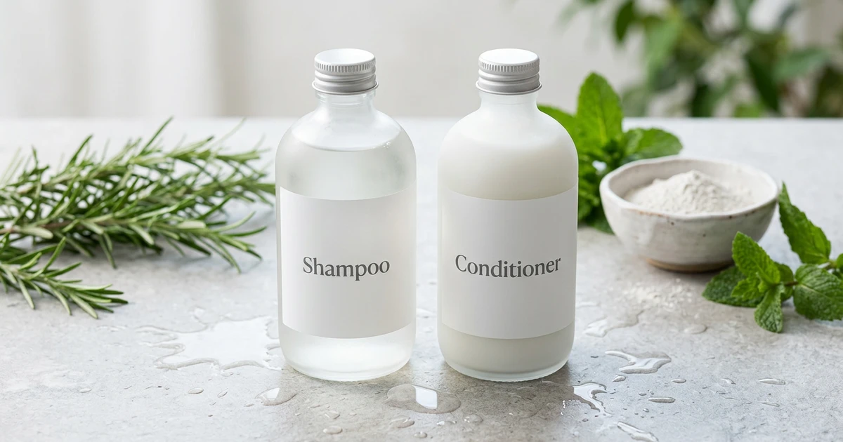 Shampoo og balsam for fett hår i hvite flasker med naturlige ingredienser som rosmarin og mynte.