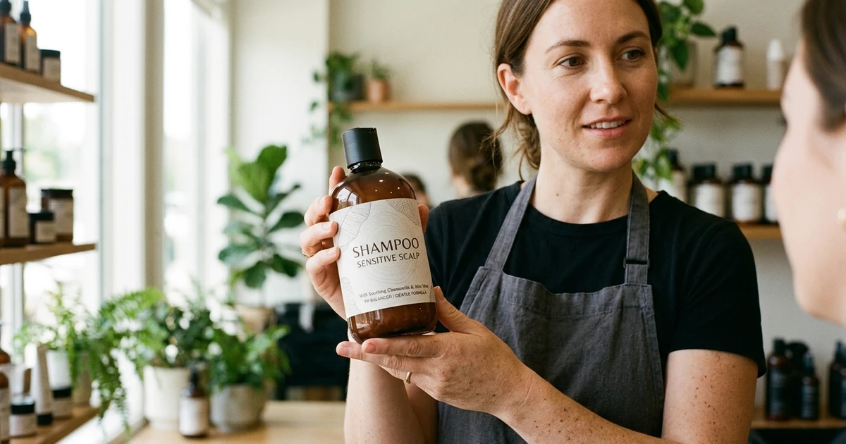 Nærbilde av en kvinnelig frisør i svart salonguniform som viser frem en brun sjampoflaske med teksten SHAMPOO SENSITIVE SCALP til en kunde i en lys skandinavisk frisørsalong.