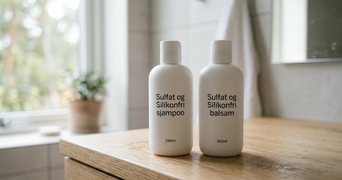 Sjampo uten silikon og sulfat - to hvite flasker à 250ml på tre ved vindu med plante i bakgrunnen.