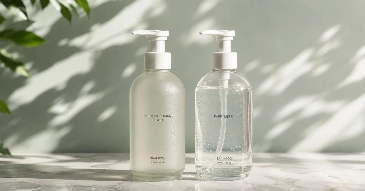 skinification parfymefri – Parfymefri skinification: to transparente shampooflasker med pump på marmorbakgrunn med planteskyg