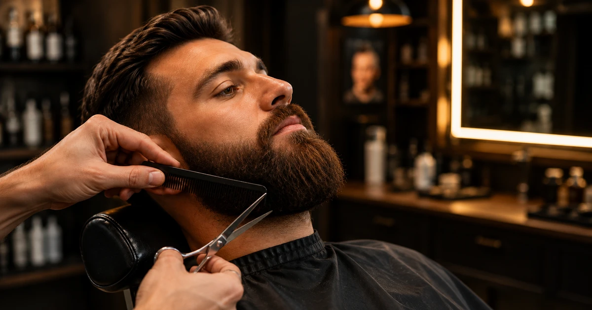 Skjeggklipp hos frisør med kam og saks i profesjonell barbersalong.