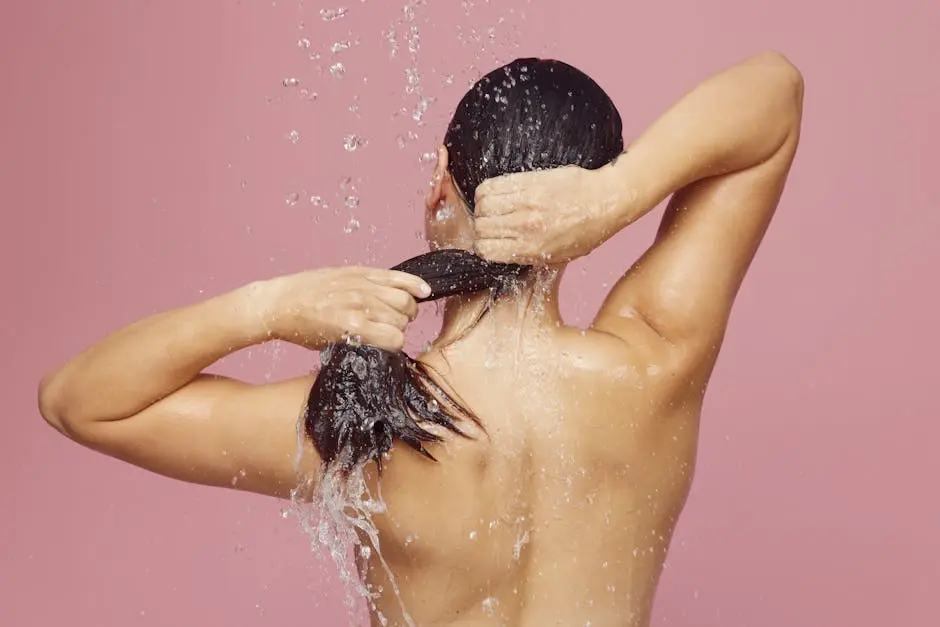 Woman washing long hair under shower with water droplets against a pink background.