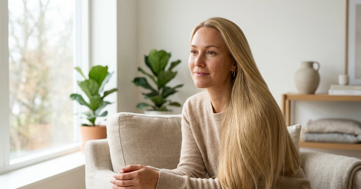 Spare til langt hår - kvinne med långt, glansende hår sitter i stuen