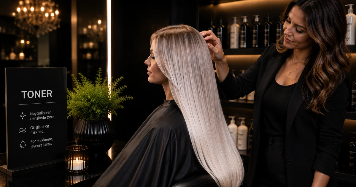 Toner hos frisør: frisør arbeider med blondt hår på kunde i moderne salong