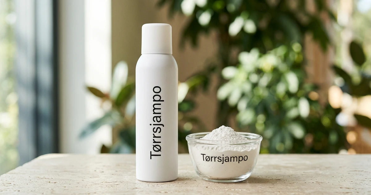Tørrsjampo i spray og pulverform fra Torrsjampo merket, displayed på steinbord med planter i bakgrunnen.