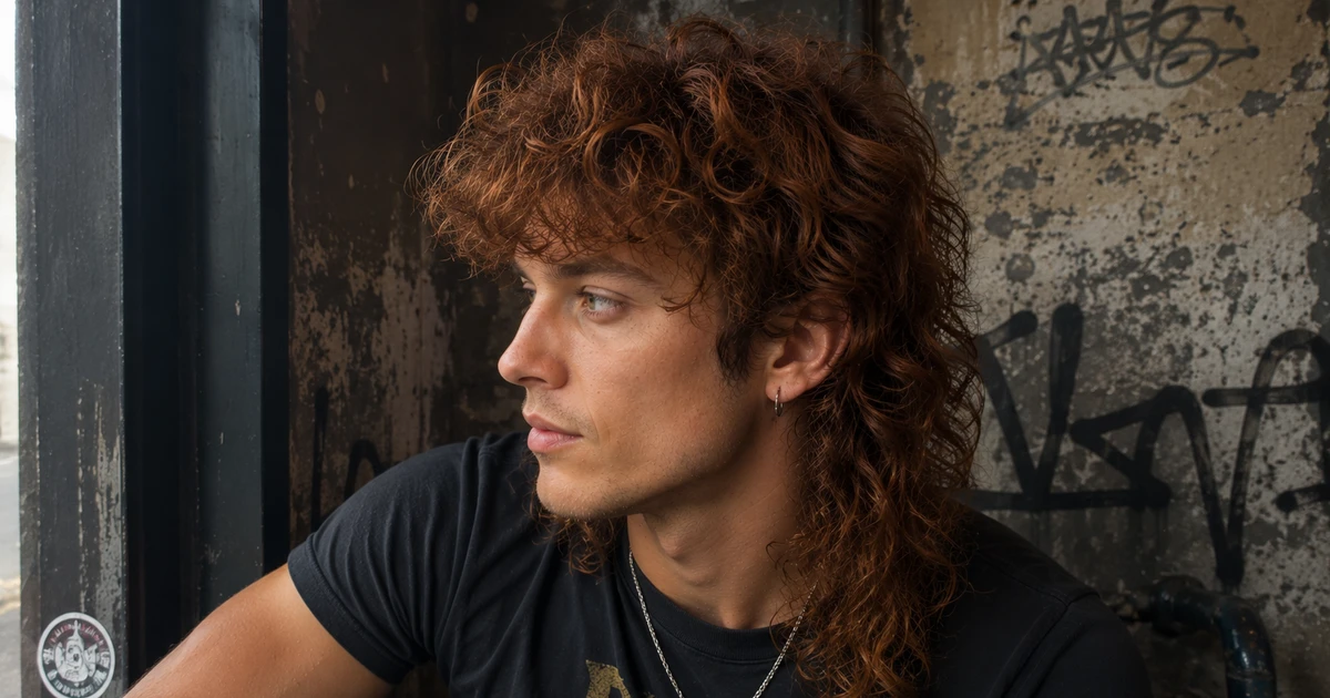 Wolf cut for menn med langt, krøllete hår - mann med brunt, voluminøst krøllete hår og mullet-inspirert frisyre mot murvegg.