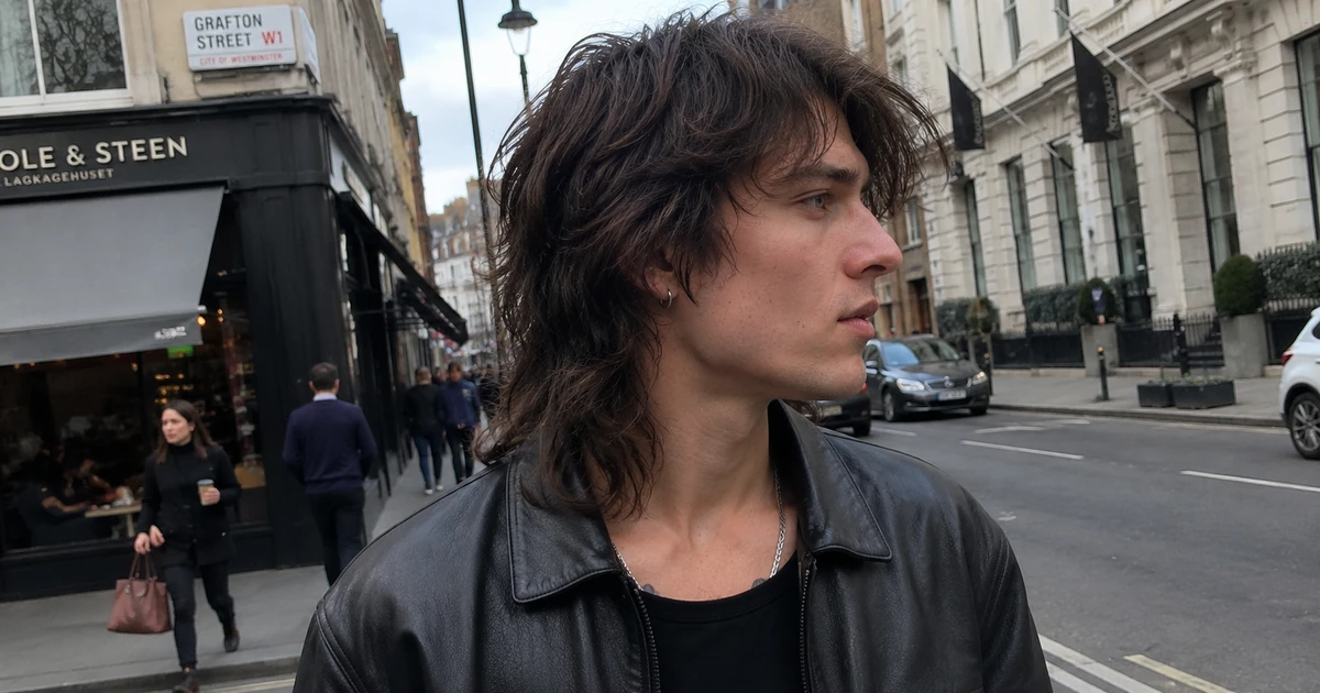 Wolf cut for menn med langt hår - mann med mørkt, krøllete langt hår og lærjakke på Grafton Street i London.
