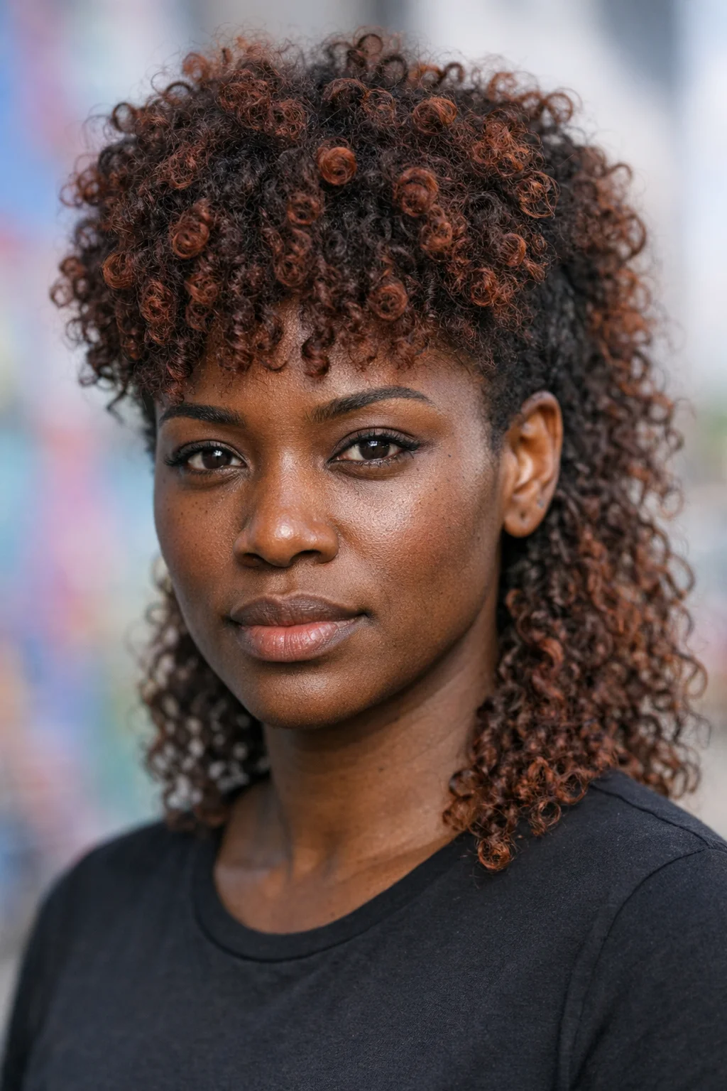 Afro mullet med kobberfarge og strukturert fasong, markert volum og definerte former