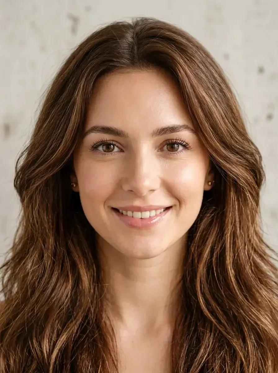 Kvinne med langt lysebrunt hår i myke bølger og midtskill, subtil balayage.