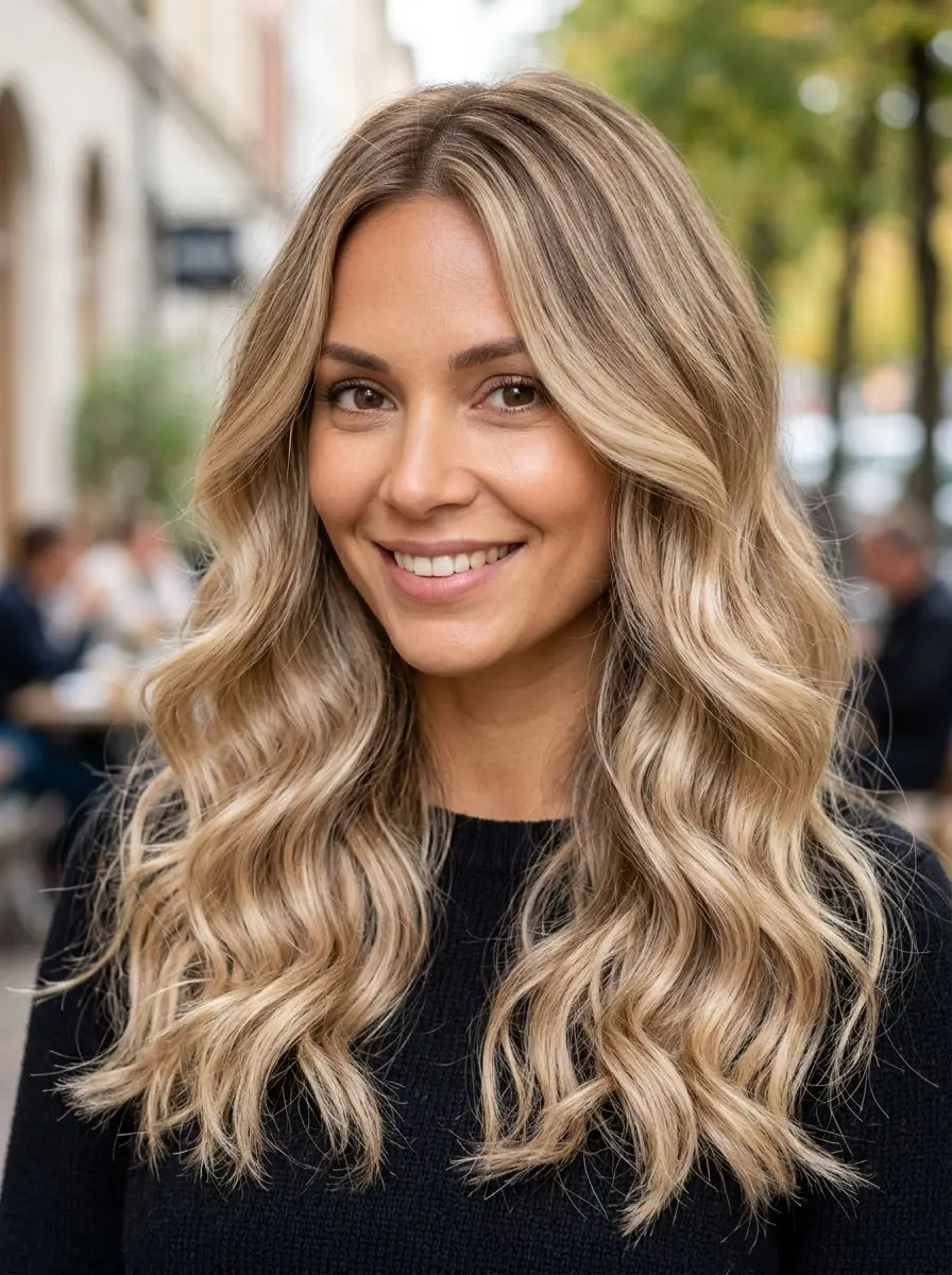 Langt, blondt hår med markerte beach waves og naturlig balayage.