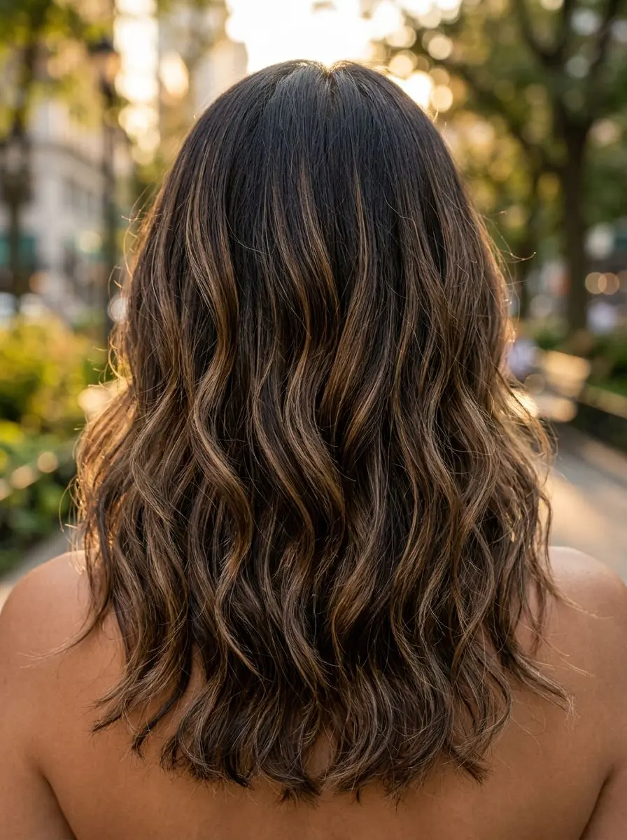Halvlangt brunt hår med balayage og beach waves, sett bakfra i kveldslys.