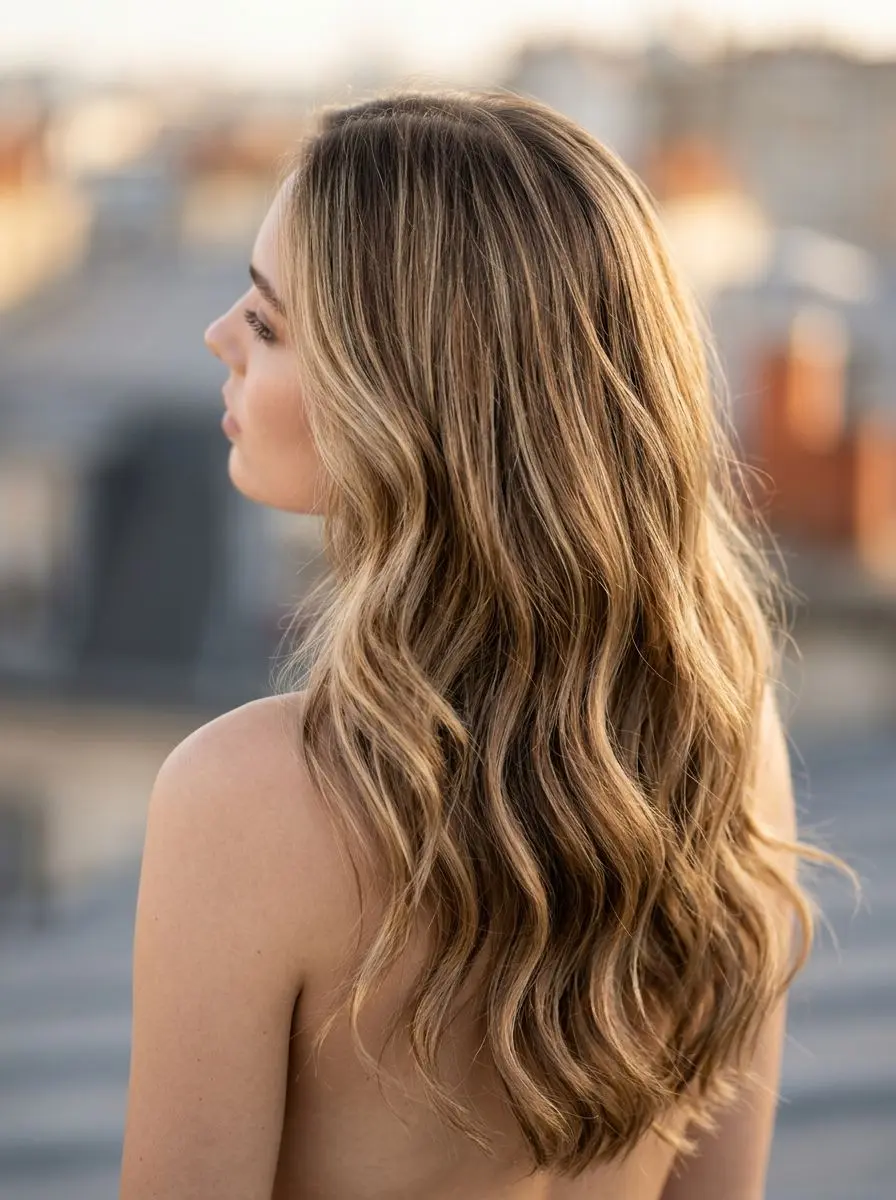 Langt blondt hår med myk balayage og naturlige beach waves, sett bakfra.