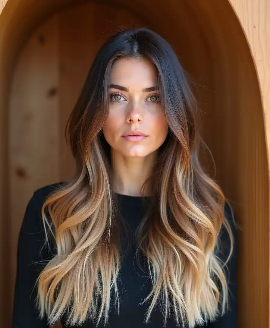Balayage blond med myke bølger, langt hår i layers og mørkere røtter for definisjon