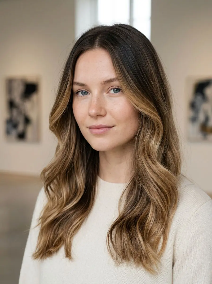 Langt bølgete hår med balayage fra mørk rot til lys blond i tuppene