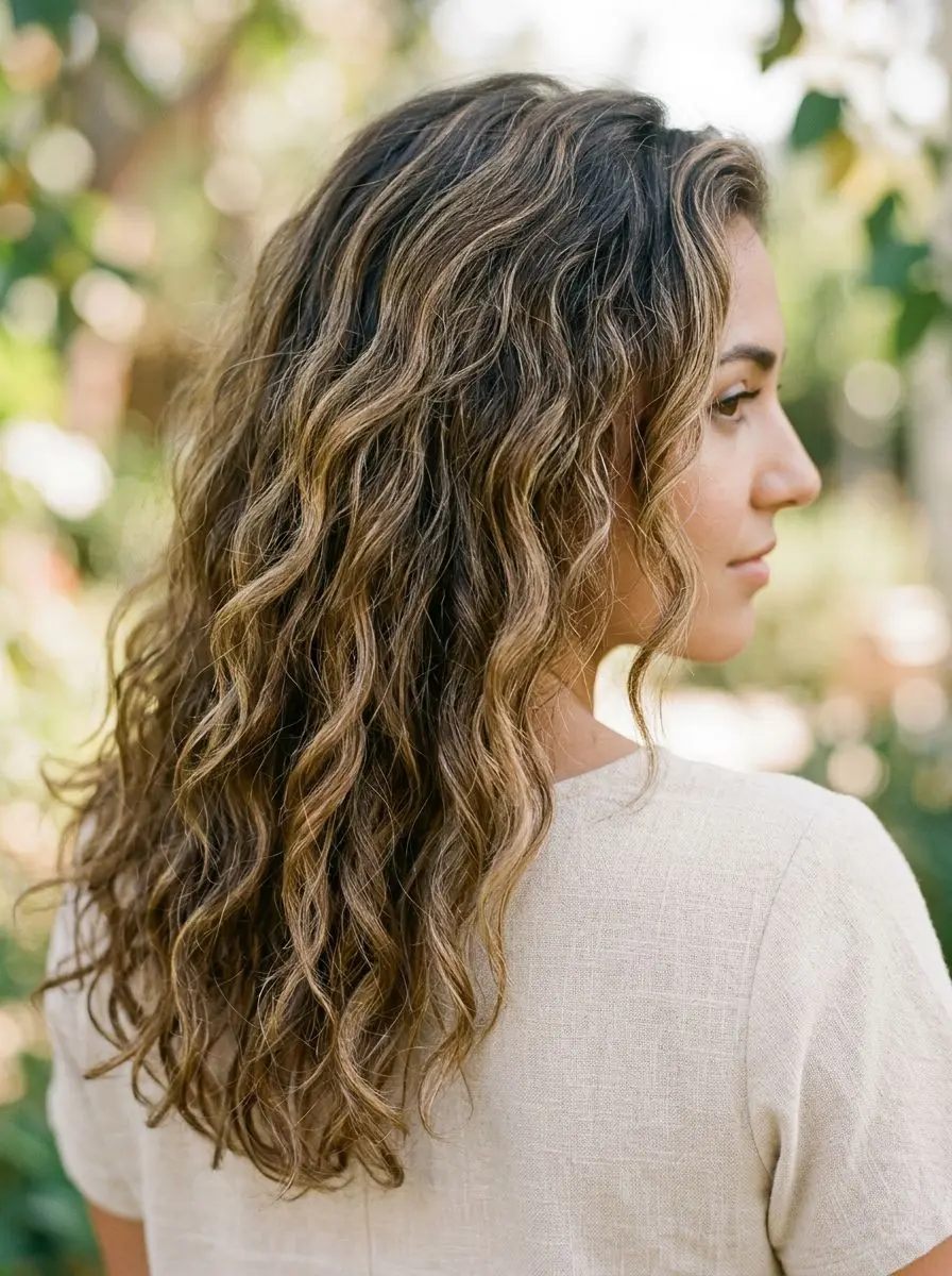Langt hår med naturlige bølger og blond balayage, sett fra siden utendørs.