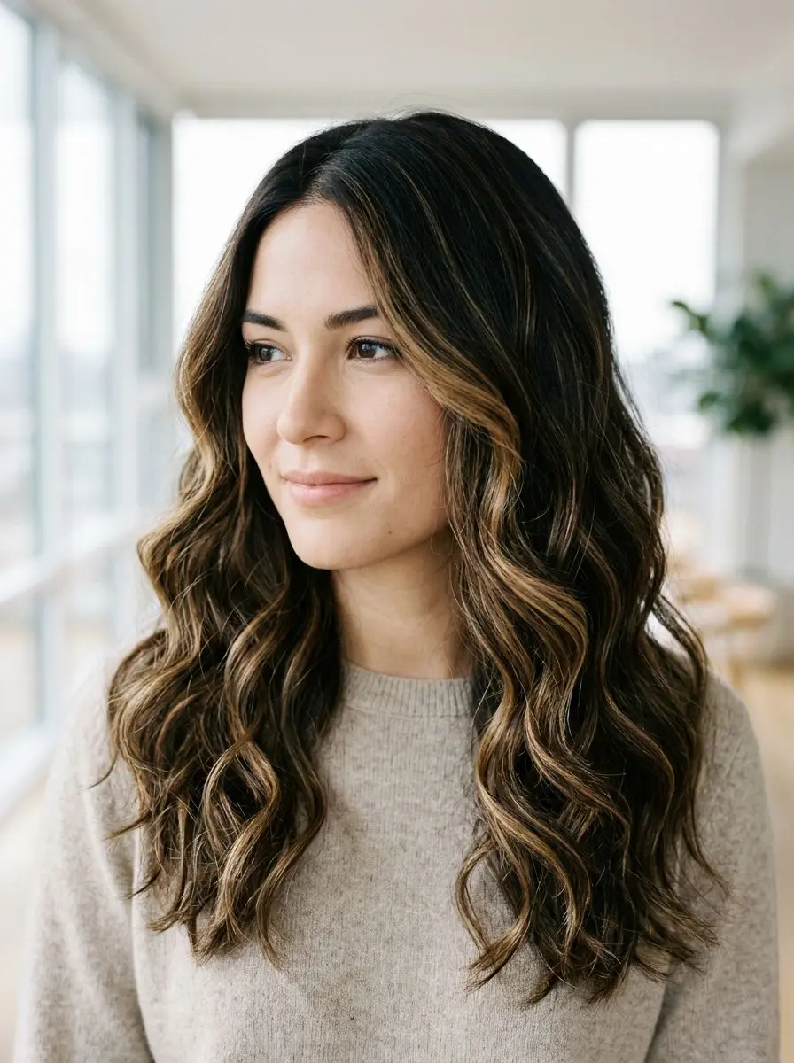 Langt bølgete hår med brun balayage og beach waves, midtskill.