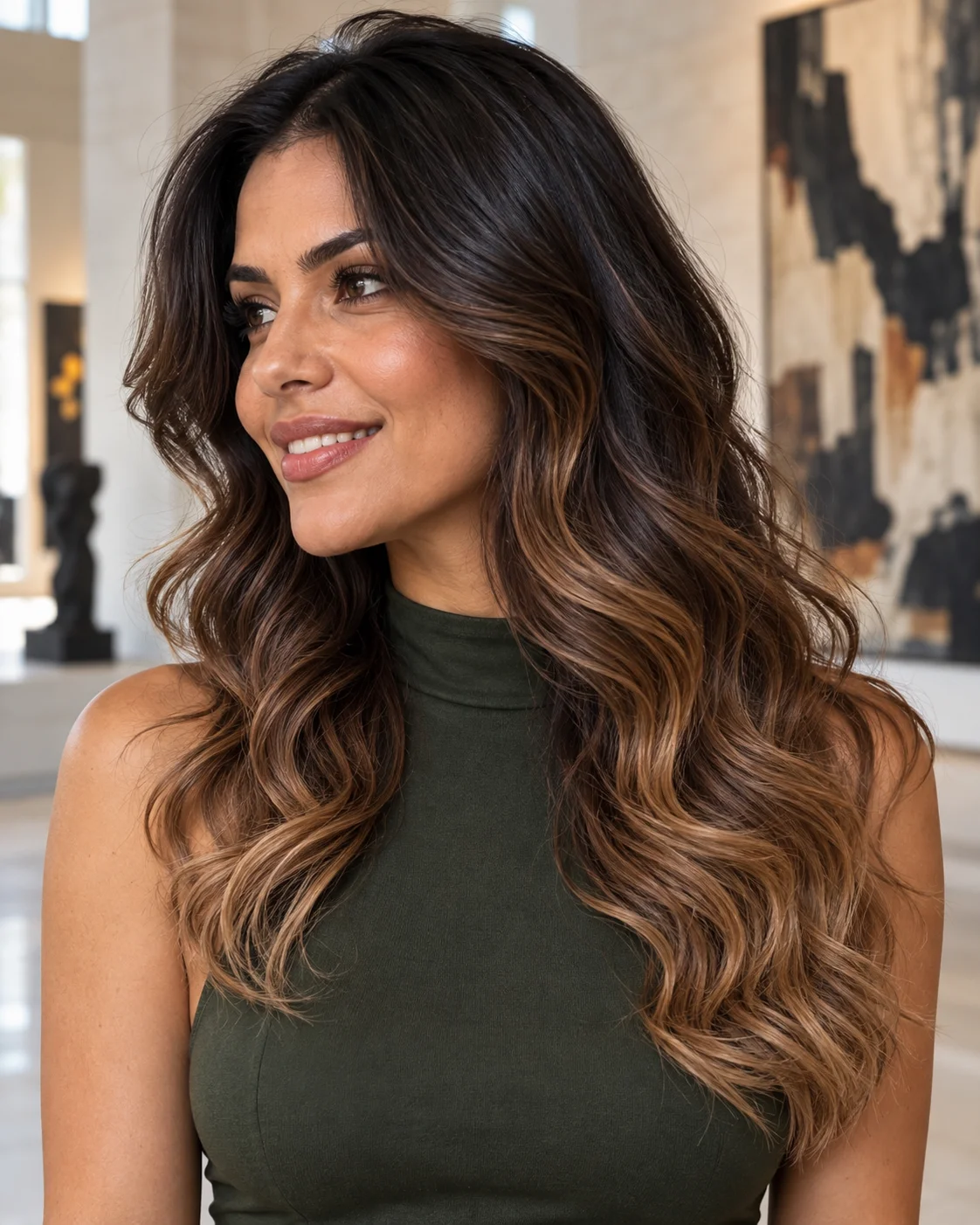 Beach waves langt hår med brun balayage, store myke bølger og glansfull finish