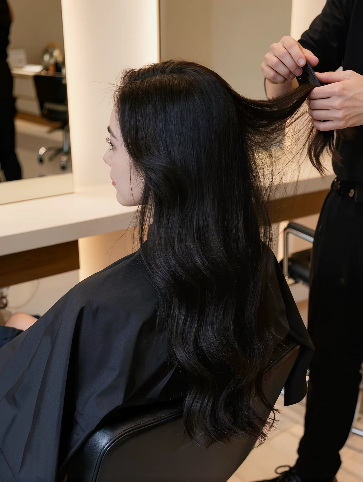 Svart langt hår med myke bølger, stylet med beach waves-teknikk i frisørstol.