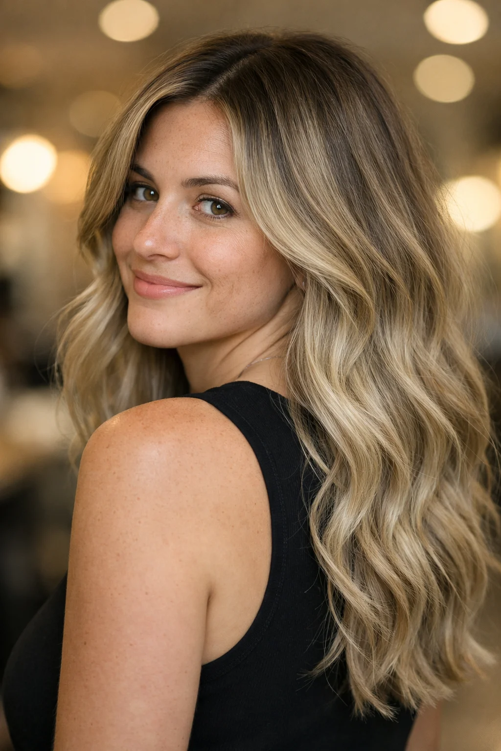 Beige blond balayage portrett