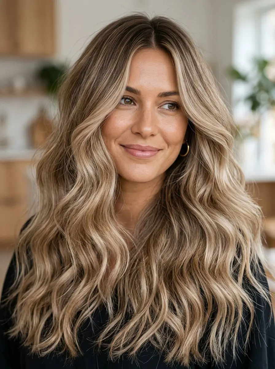 Langt bølgete hår med beach waves-styling og blond balayage.