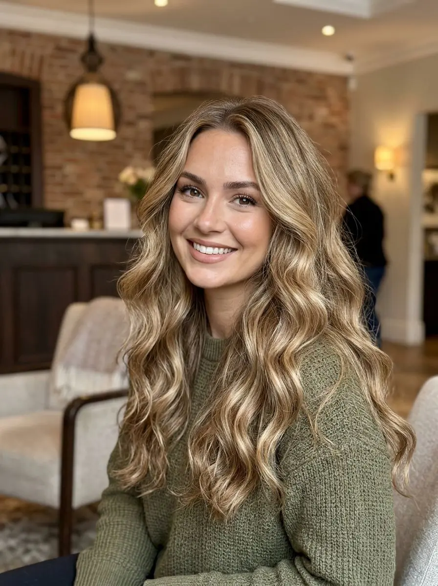 Lang blond balayage med løse beach waves og naturlig rotvolum