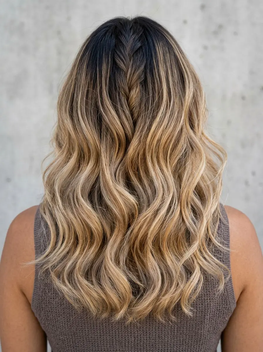 Langt hår med blond balayage, løs bakflette og myke bølger.