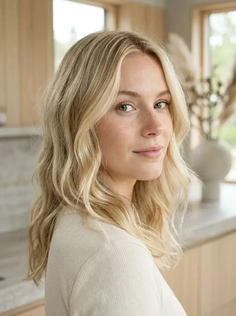 Beach waves – Langt blondt hår med myke beach waves og midtskill, lett tekstur i naturlig lys