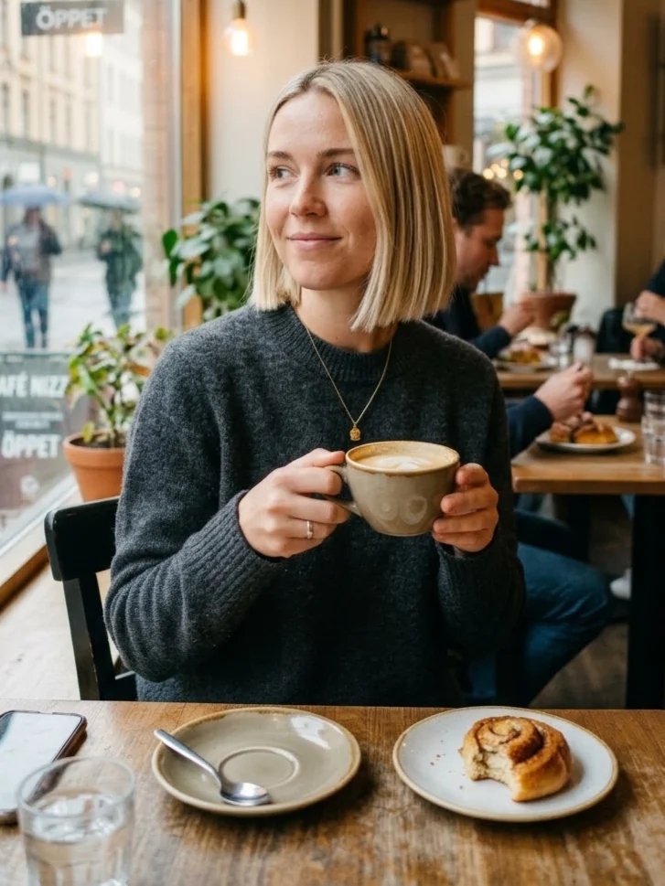 Blond blunt bob rett klipp, glatt halvlangt hår og markerte spisser i front