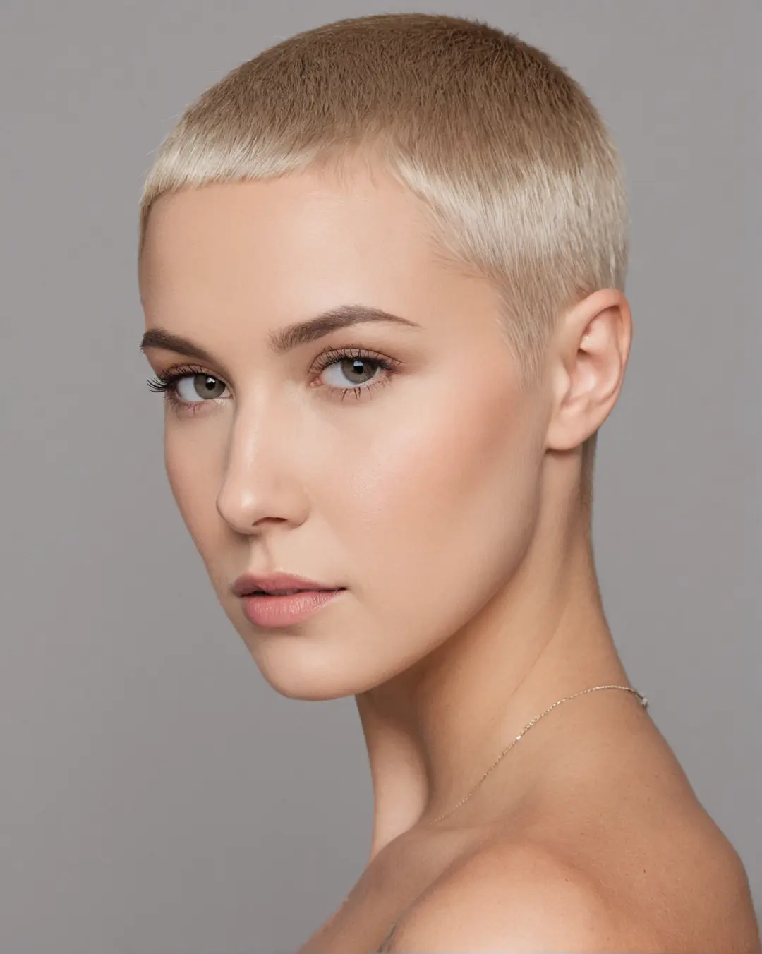 Dame med kort blond buzz cut og jevnt klipp tett mot hodet
