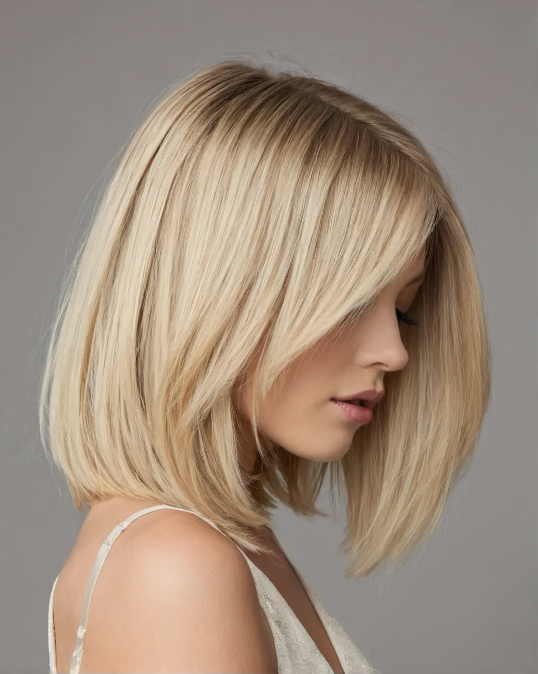 Langt blondt hår med myke layers og balayage, naturlig volum og tekstur.