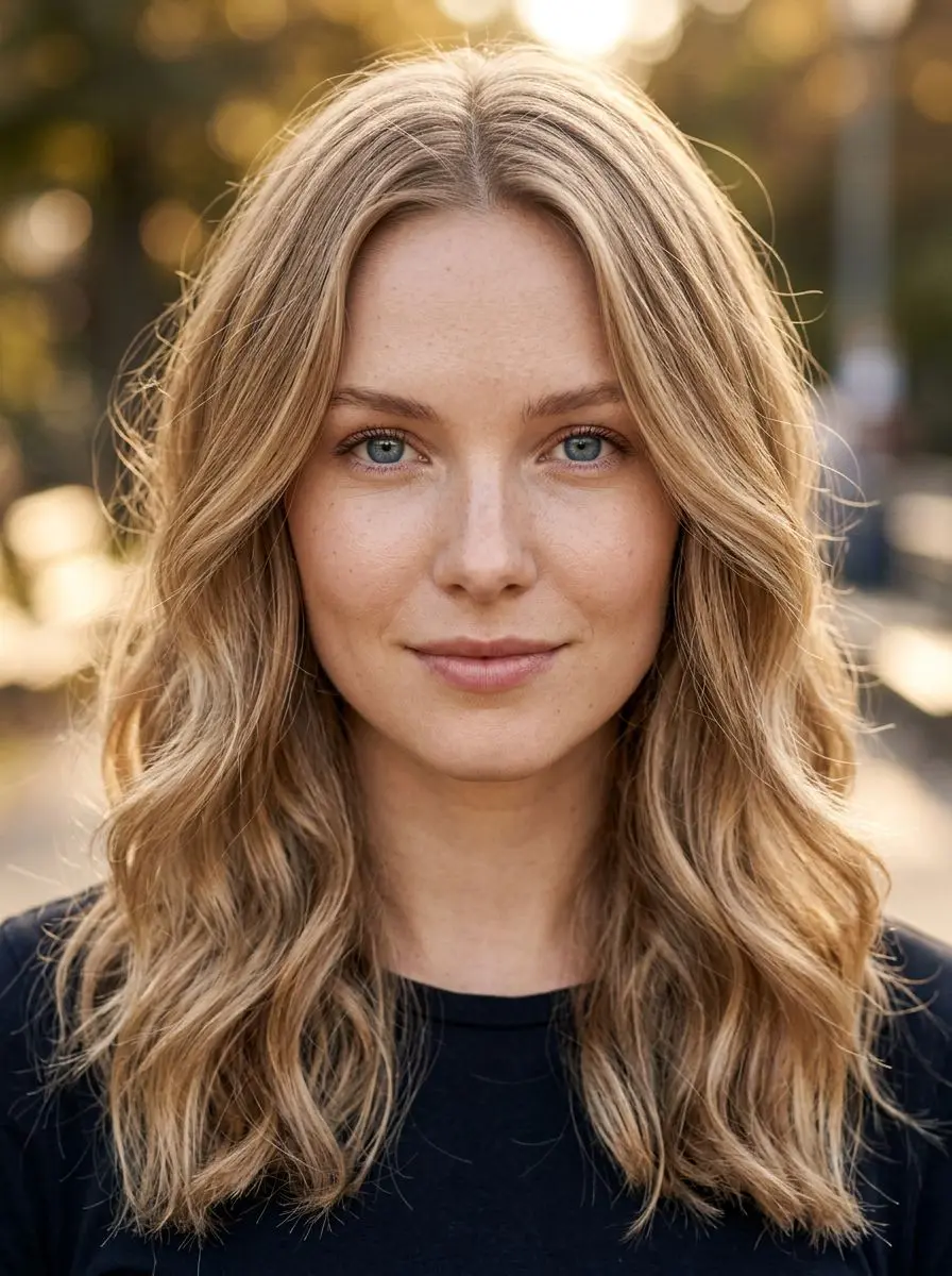 Dame med blond lob og løse beach waves, balayage-highlights i naturlig lys