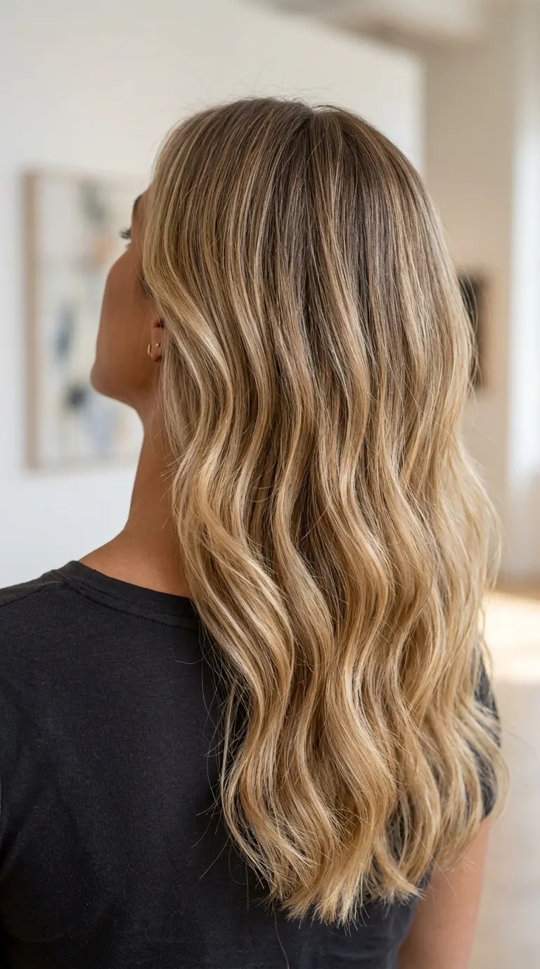 Langt blondt hår stylet i myke beach waves med balayage-teknikk.