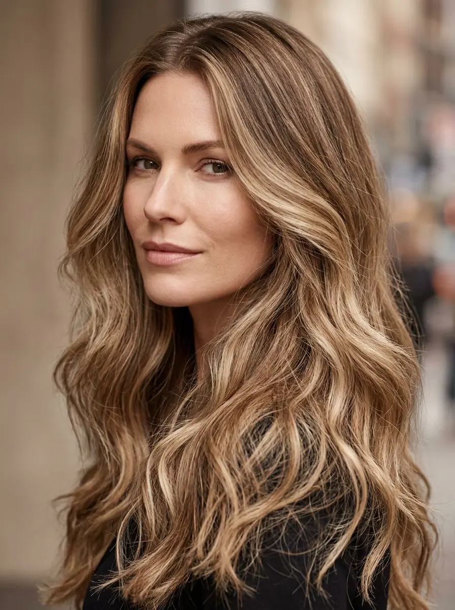 Langt bølgete hår med lys balayage og mørkere bunn, stylet i beach waves.