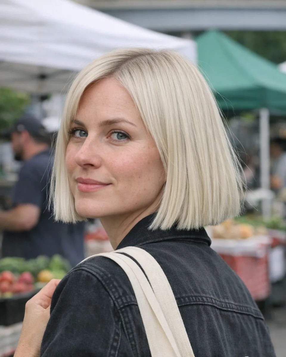 Blond blunt bob med presis linje, rett hår og markert avslutning under haken