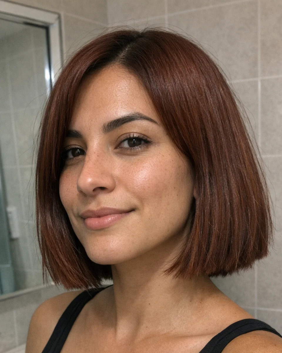 Brun bob med rett blunt cut, kompakt tekstur og skarp kant rundt ansiktet