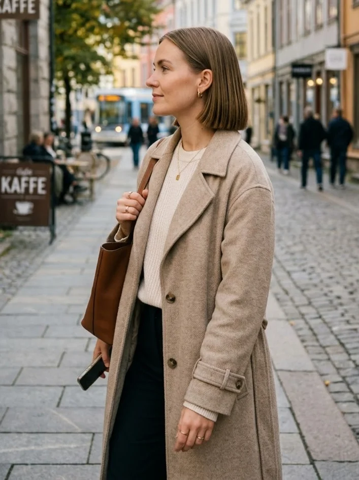 Blond halvlang blunt bob, rette lengder med tungt fall og presis klippekant.