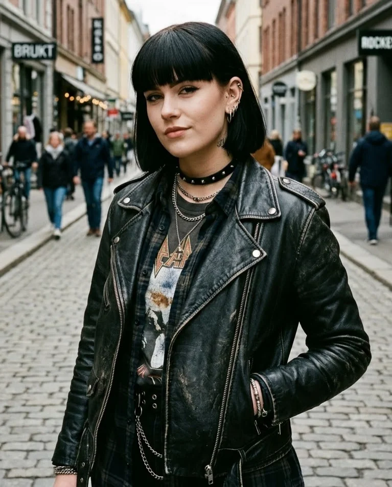 Svart kort bob med rett lugg, skulderlangt hår, skinnjakke, urban bakgrunn.