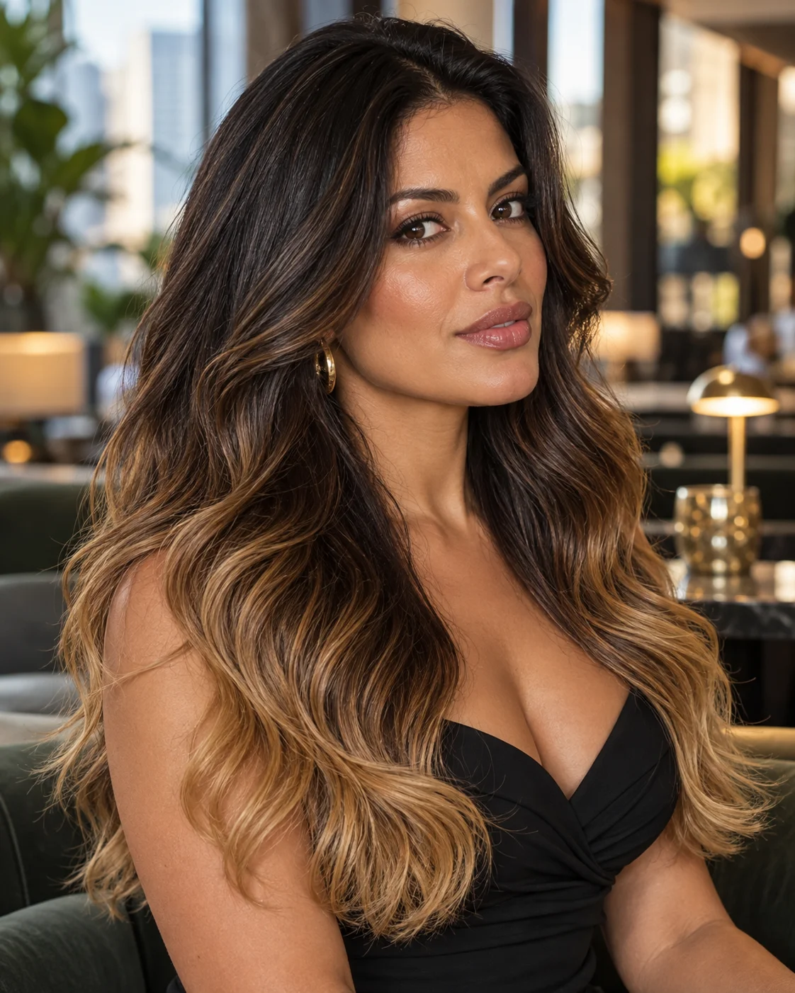 Langt bølgete bronde hår med balayage.