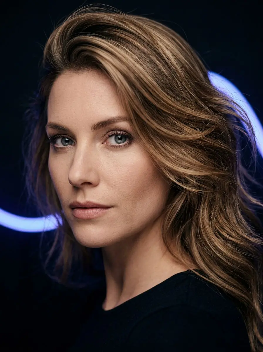 Layers – Kvinne med langt bronde hår i myke bølger, balayage og sideskill.