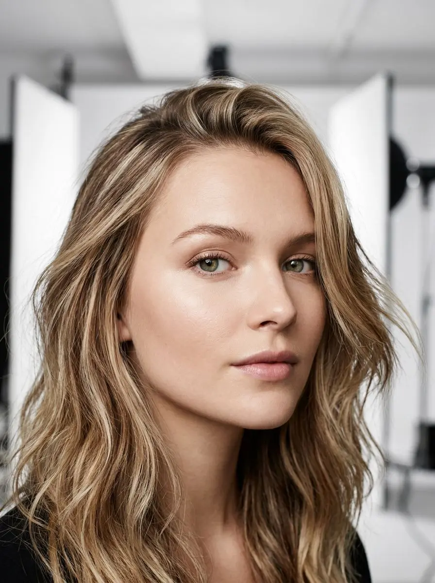 Kvinne med lange bronde beach waves og myke layers i studio