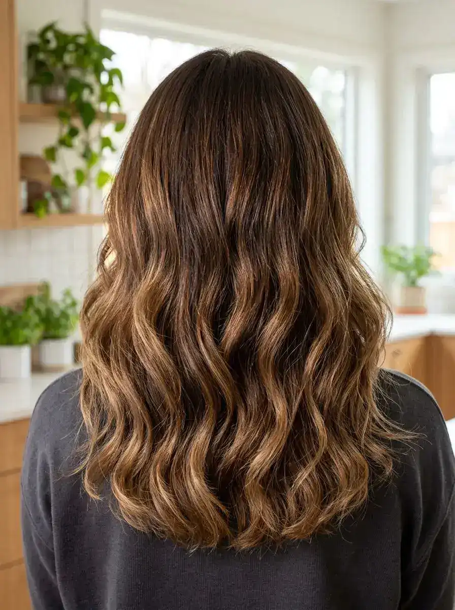 Langt bronde hår med myke beach waves og balayage-lysninger, sett bakfra.