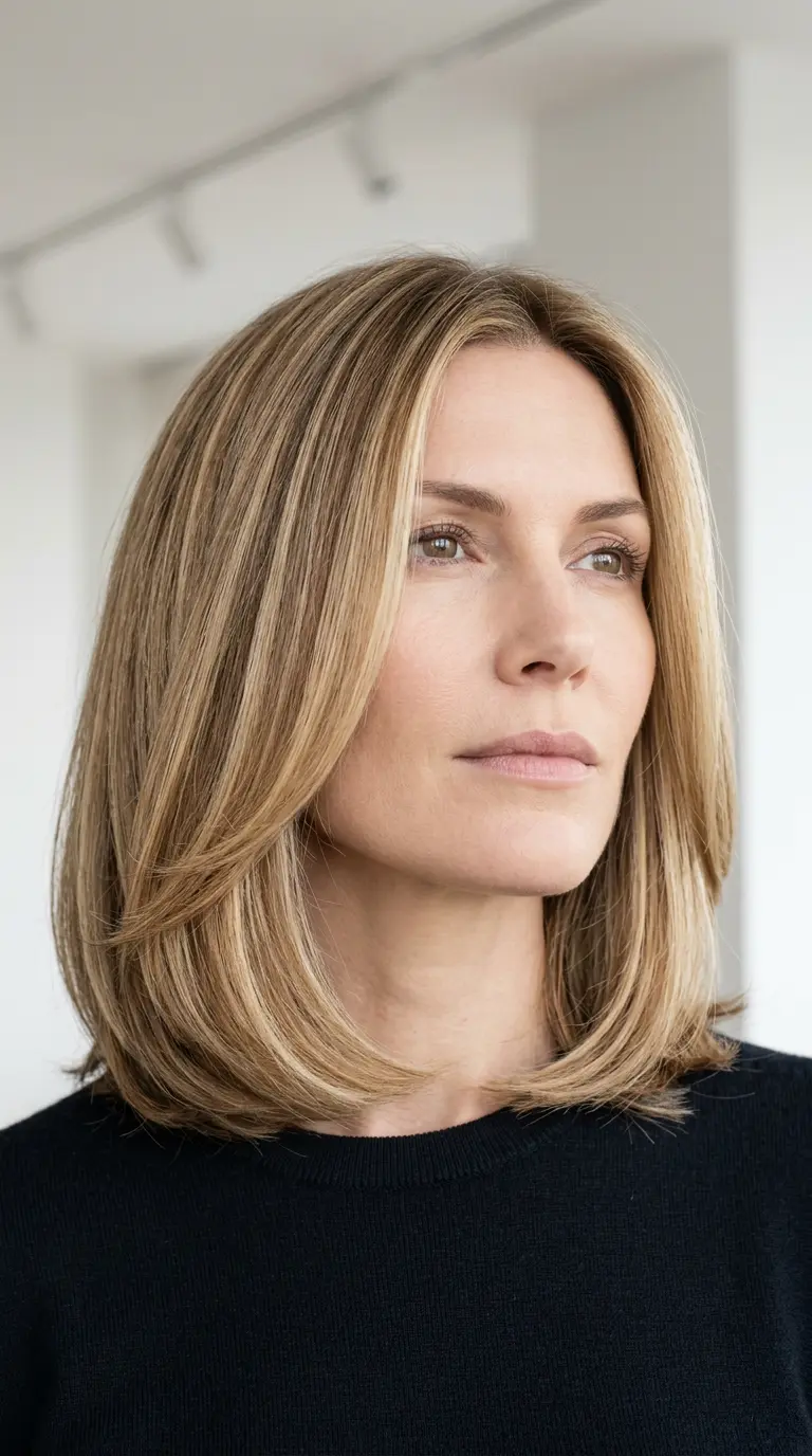 Halvlang blond lob med myke layers og rett struktur