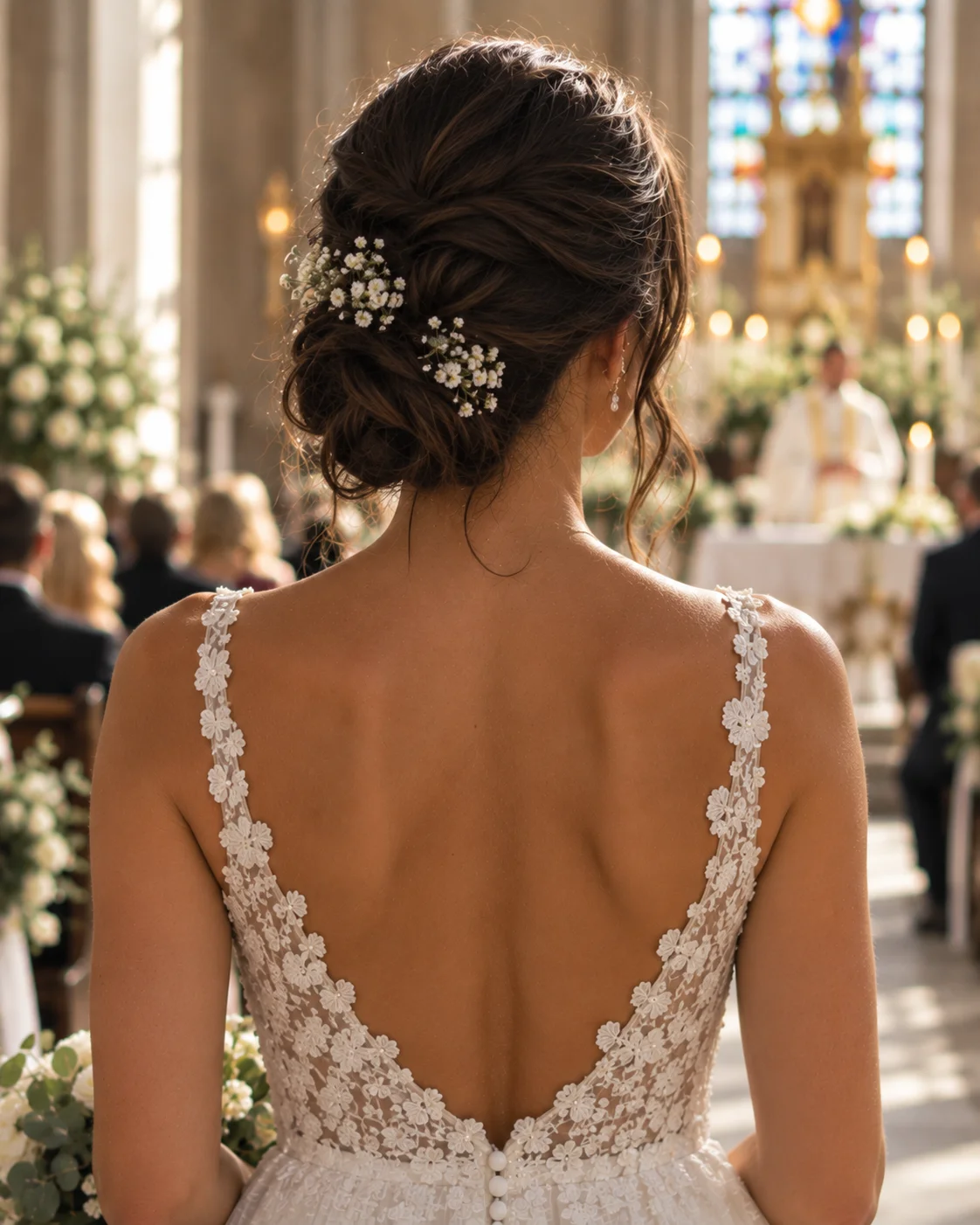 Oppsatt hår med myk tekstur og små hvite blomster i nakken, brudekjole med blonder.