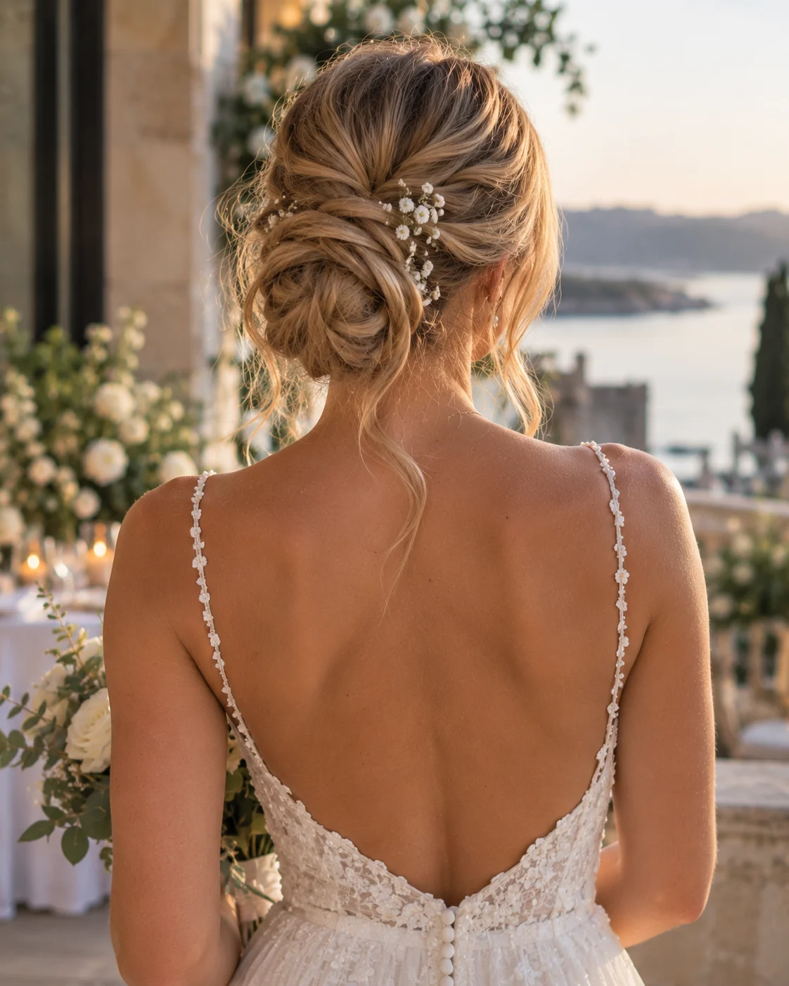 Brud med blond balayage og løst, teksturert oppsatt hår med blomsterpynt.